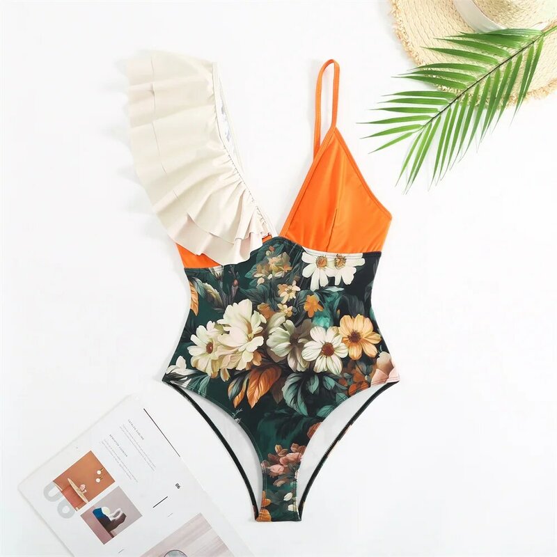 One Piece Swimsuit Women Ruffle Bathing Suits Swimwear 2024 Woman Print Floral Deep V Bikini Summer Beach Wear Swimming Suit