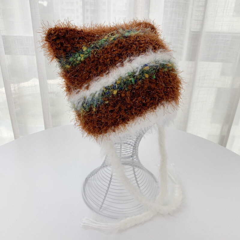 Sombrero de lana cálida para mujer, gorro con protección para las orejas de visón de imitación de Color a juego, bonito y divertido, 1 unidad