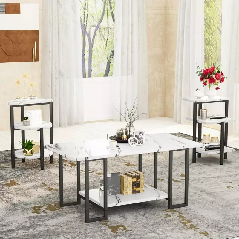 โต๊ะกาแฟและโต๊ะ2ข้างโต๊ะหินอ่อนเทียมและกรอบโลหะชุดโต๊ะ3ชิ้นสำหรับห้องนั่งเล่นอพาร์ทเม้น