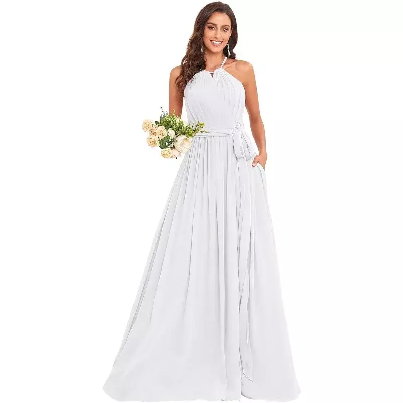 Wakuta gaun panjang pengiring pengantin wanita, Dress Formal A-Line sederhana dengan saku sifon Halter untuk pesta malam