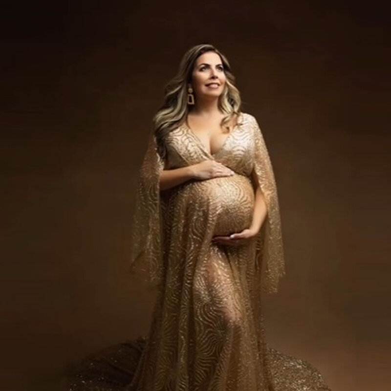Suknia fotograficzna dla kobiet w ciąży luksusowa złota błyszcząca pudrowa siatka z długimi rękawami sukienka z dekoltem w serek kobiet w ciąży sesja zdjęciowa rekwizyt