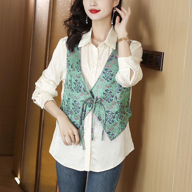 Miiiix 2024 primavera/estate nuova moda finta due pezzi camicie donna nuovo bottone cinese nappa camicia Top abbigliamento femminile