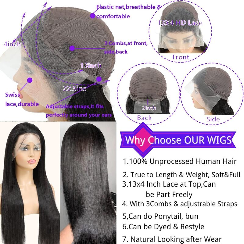 Perruque Lace Front Wig sans colle naturelle, cheveux lisses, 13x6, pre-plucked, densité 150%, HD, transparente, pour femmes