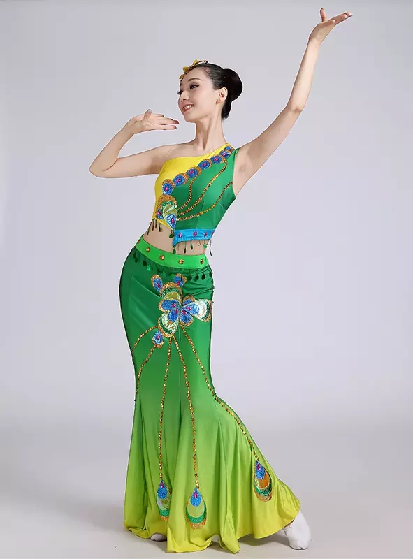 Dança étnica trajes para as mulheres, trajes desempenho, dança pavão trajes