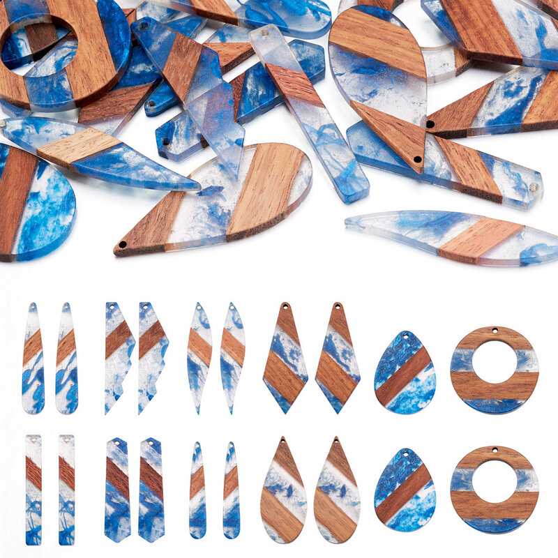 20Pcs Transparent Resin & Walnut Wood Pendants Leaf & Teardrop & Rectangle Mixed Shapes Royal Blue for Making Charms Supplies