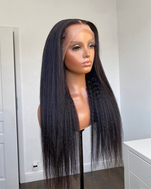 Peruca de cabelo humano reta Kinky para mulheres negras, cabelo virgem Yaki brasileiro, peruca de renda pré-arrancada, cor natural, densidade de 180%
