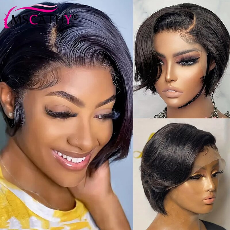 13x1 Lace Highlight Colored Wigs Natural Black Short Pixie Cut Bob Wig Brazilian Remy Human Hair Wigs for Women Preplucked