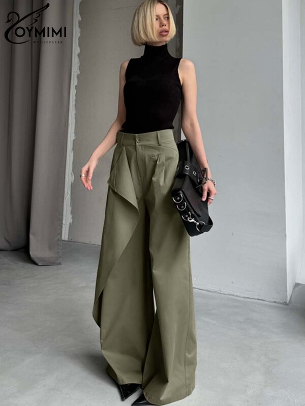 Oymimi Mode grün lose Damen hose elegante hohe Taille Knopf Hose lässig gerade in voller Länge Hosen weibliche Streetwear
