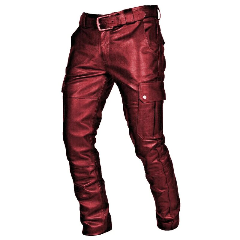 Men's Leather Motorcycle Pants with Cargo Pockets, Black, PU Pants  No Belt, Men Trousers Big Size S-5XL