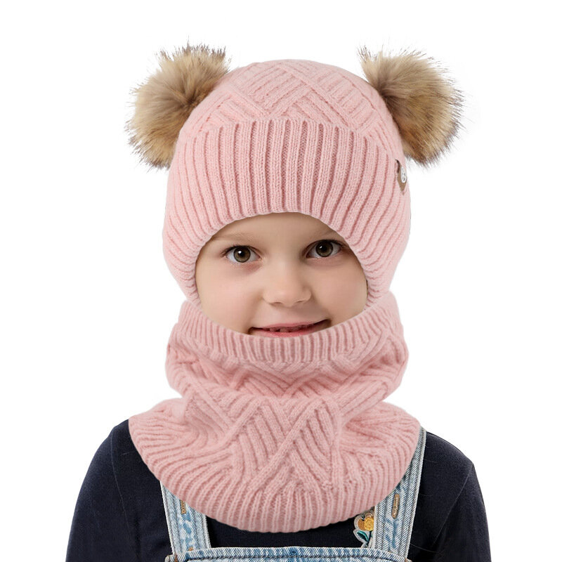 หมวกเด็กผ้าพันคอบุนวมกันลมสำหรับฤดูหนาวของเด็กชุด3ชิ้นหมวกขนแกะบุนวมชุด3ชิ้น