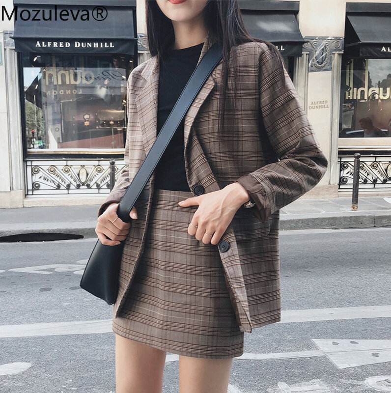 Mozuleva-Conjunto de chaqueta y Falda de tubo de un solo pecho para mujer, traje Retro a cuadros, Blazer de oficina, 2 piezas, 2022