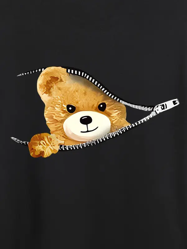 Set kaus + celana pendek pria, 100% katun kasual Beruang motif kartun ukuran longgar leher bulat lengan pendek + celana pendek