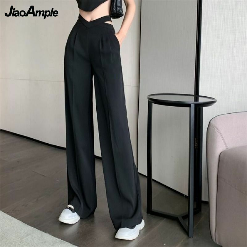 2022 Spring Summer Long Wide Let Pants Women Korean High Waist Hollow Out Solid Trousers Office Lady Graceful Loose Black Pant
