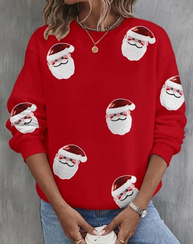 Женский свитшот с рождественским принтом Санта Клауса, осень 2023, повседневный свитшот с длинным рукавом и круглым вырезом, модный универсальный пуловер