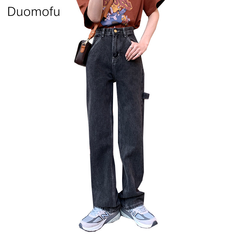Duomofu Jeans ramping wanita, celana panjang penuh gaya Korea pinggang tinggi dicuci dasar klasik kasual untuk perempuan