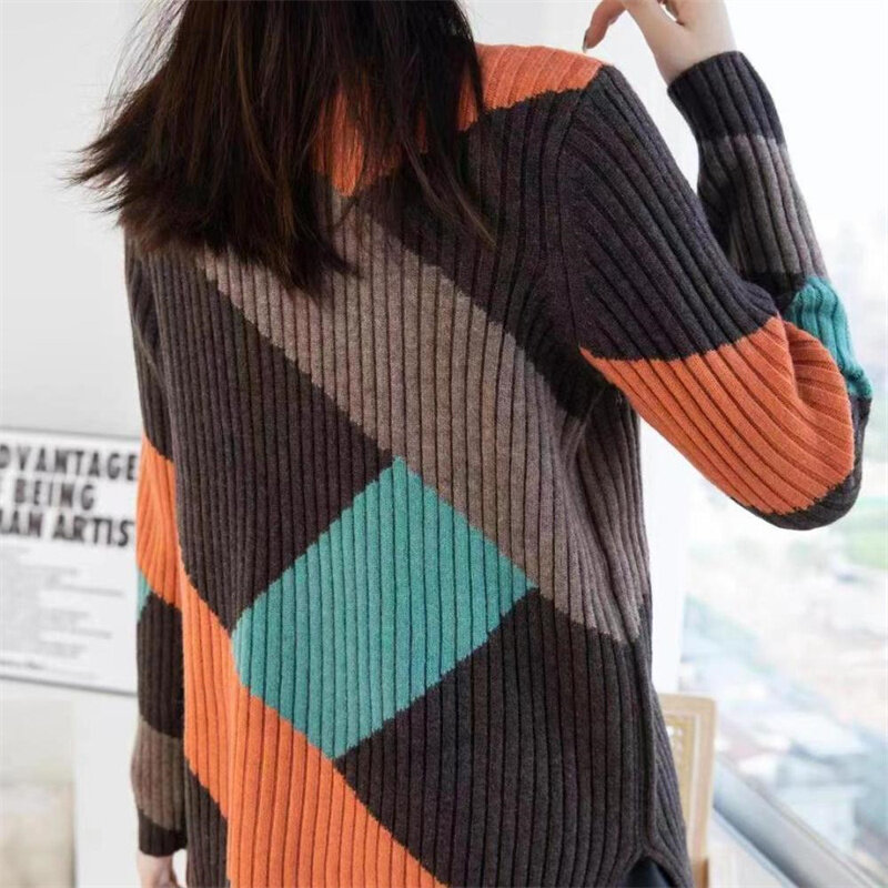 Sweter Jumper Setengah Turtleneck Wanita 2022 Pakaian Musim Dingin Pullover Mode Korea Rajutan Atasan Splicing Solid Lengan Panjang Hangat