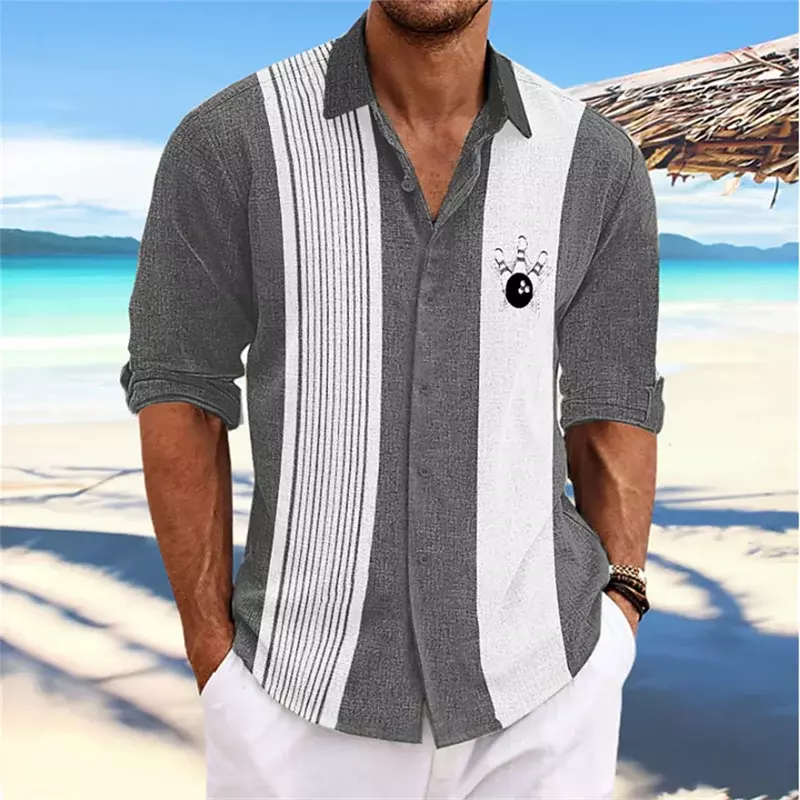 Модные Гавайские рубашки для боулинга в стиле ретро лето 2023, полосатые узоры, длинные рукава, мужские рубашки с лацканами, мужские классические рубашки для отпуска