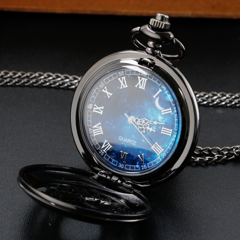 Moda azul céu estrelado dial retro relógio de bolso de quartzo steampunk colar pingente analógico fob corrente relógio lembrança unisex presente