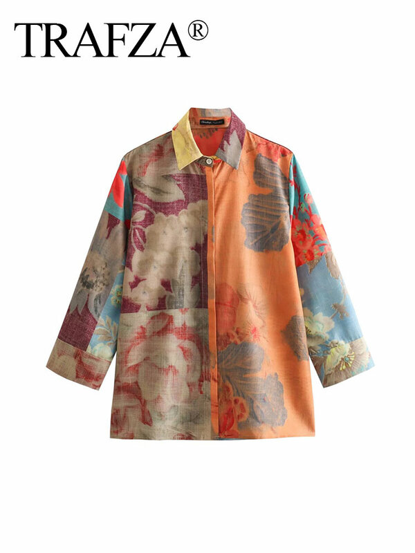 TRAFZA-Camisa com estampa floral feminina, blusa escondida de botão, lapela chique, retrô, casual, manga 9 quartos, solta, moda primaveril
