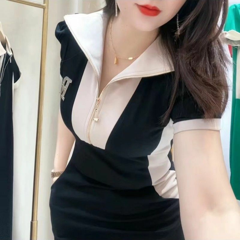 Koreanische Mode Patchwork Kleider Sommer lässig V-Ausschnitt Reiß verschluss Damen bekleidung schlanke einfarbige All-Match Kurzarm Midi-Kleid