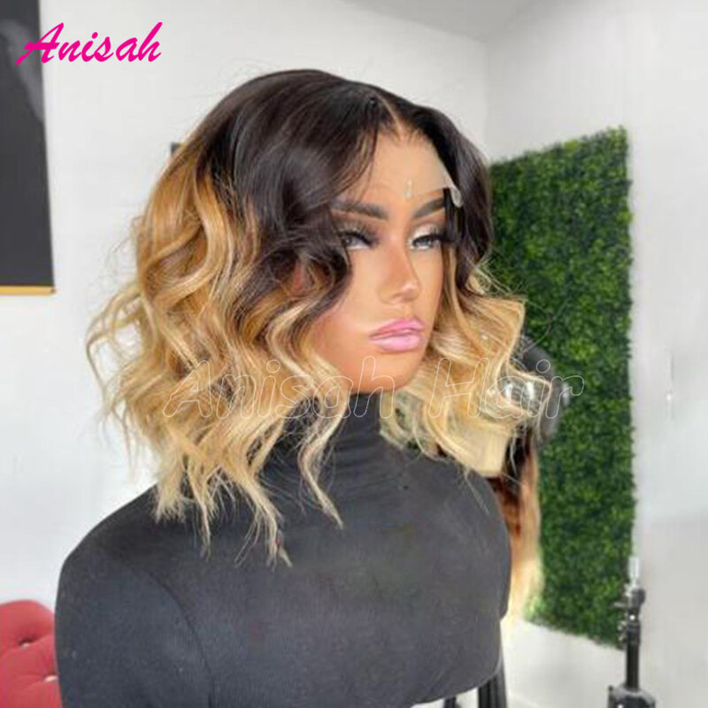 Two Tone Ombre Honey Blonde Colored Short Bob Human Hair Wigs Wavy Raw Indian Human Hair Lace Front Wig