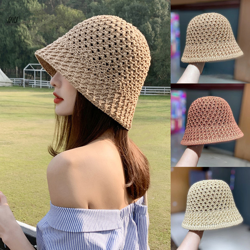 Topi pelindung matahari anak perempuan topi musim panas Floppy lebar untuk wanita topi pantai Panama jerami kubah anyaman topi Bucket topi naungan wanita