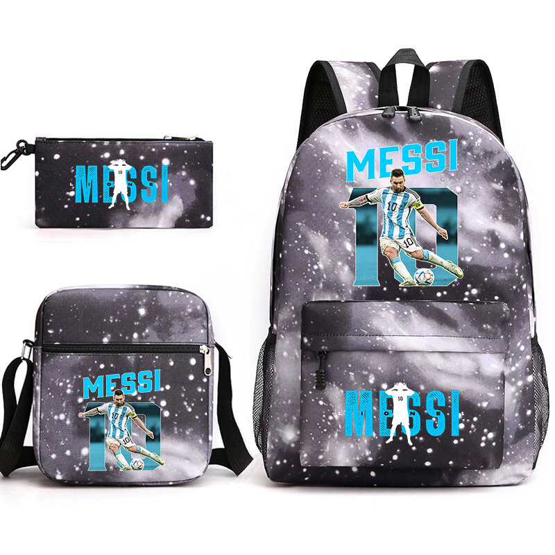 Messi-conjunto de 3 peças mochila impressa para jovem estudante, mochila escolar, estojo, ombro, para menino e menina