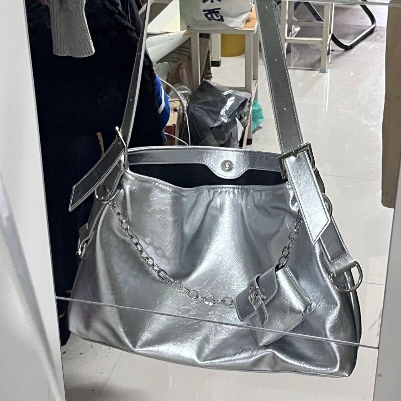Милая крутая мотоциклетная сумка для подмышек, женская летняя новая модная вместительная Серебристая Сумка-тоут, Модная студенческая сумка на одно плечо