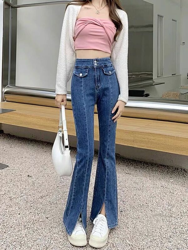 Split Cuff Streetwear Women Baggy Jeans Y2K Tassel Loose Female Flare Pants Spring Autumn Size Fashion Casual Straight Trousers