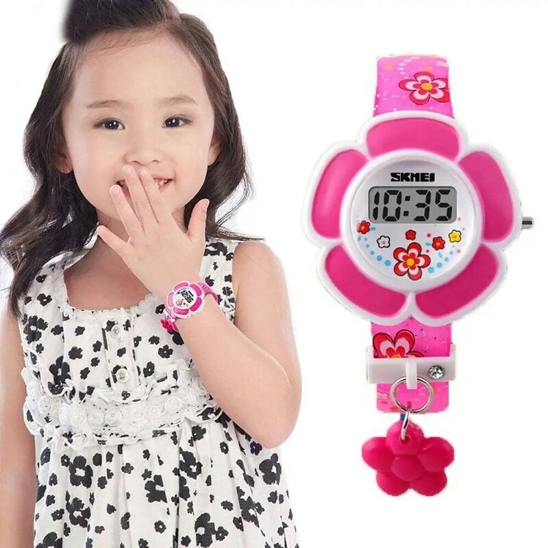 นาฬิกาไฟ LED สำหรับเด็กผู้ชายนาฬิกาอิเล็กทรอนิกส์สำหรับเด็กนาฬิกาข้อมือการ์ตูนนาฬิกาข้อมือซิลิโคนเกาหลีรูปดอกไม้