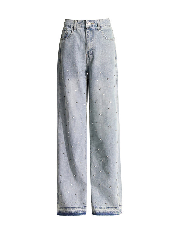 TWOTWINSTYLE-Jeans Flares Bordados Femininos, Cintura Alta, Botão Emendado, Calça Lápis Fina, Roupas da Moda Feminina, Patchwork