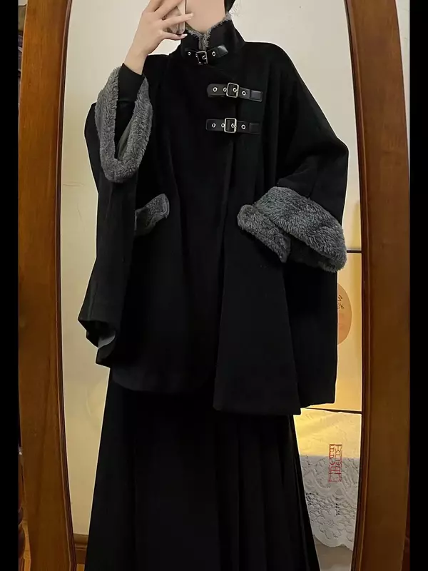 Пальто-накидка в китайском стиле, женское осенне-зимнее шерстяное пальто в китайском стиле, стильное пальто-накидка
