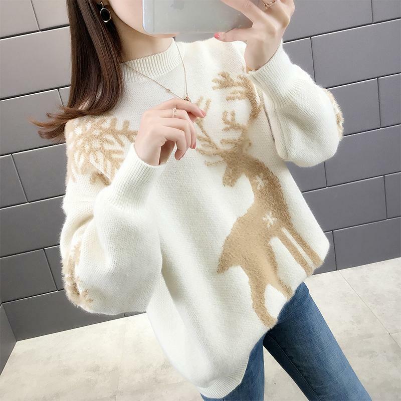Modna stójka luźne, dopasowane swetry z kreskówek odzież damska 2023 zimowe oversize koreańskie swetry Casual ciepłe bluzki