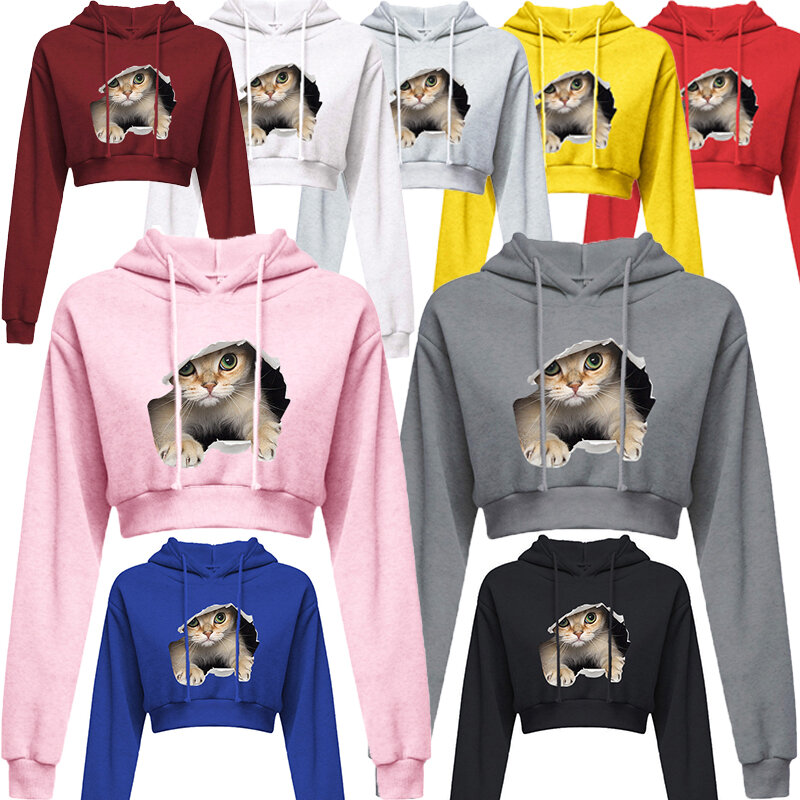 Neue Mode süße Katze gedruckt Kapuze Sweatshirt Unisex Kapuze Street Wear Kapuze offen Nabel lässig