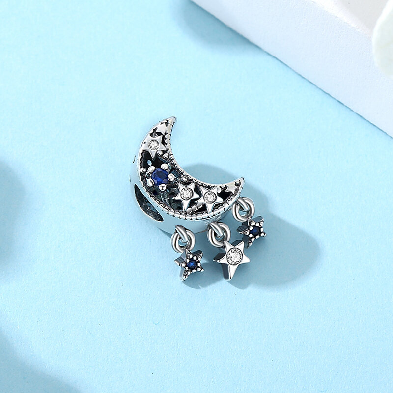 Original 925 Sterling Silver Charms Space Star Moon Pendant Beads Safety Chain Fit Pandora Bracelets Necklaces Women DIY Jewelry