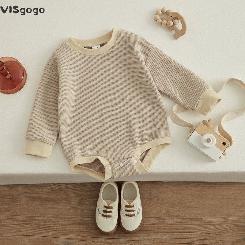 VISgogo 아기 가을 롬퍼 스플라이싱 컬러 O-넥 긴팔 점프수트, 가랑이 버튼 포함, 0-24 개월 유아 여아 남아용