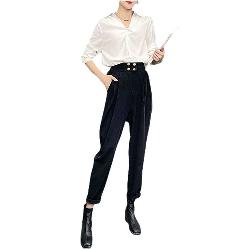 เสื้อผู้หญิงชุด2022ฤดูใบไม้ผลิใหม่สไตล์ Slim Fit คอวีผู้หญิงกางเกง2ชิ้นชุด