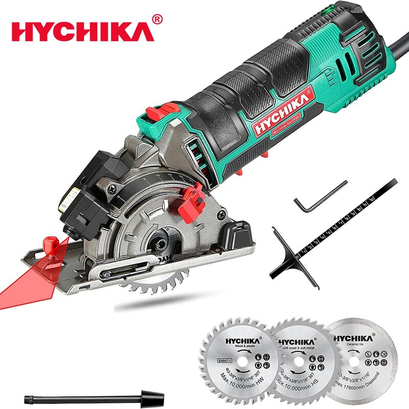 HYCHIKA-minisierra eléctrica Circular con láser, 500W, 120V, 220V, herramienta eléctrica multifuncional para cortar madera, tubo de PVC