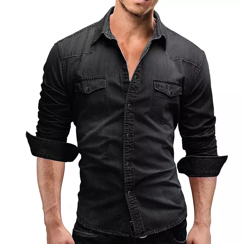 Men's Vintage Denim Shirt Solid Long-sleeved Lapel Casual Slim Fashion Washed Cotton Shirt Western Cowboy Business Shirt Tops
