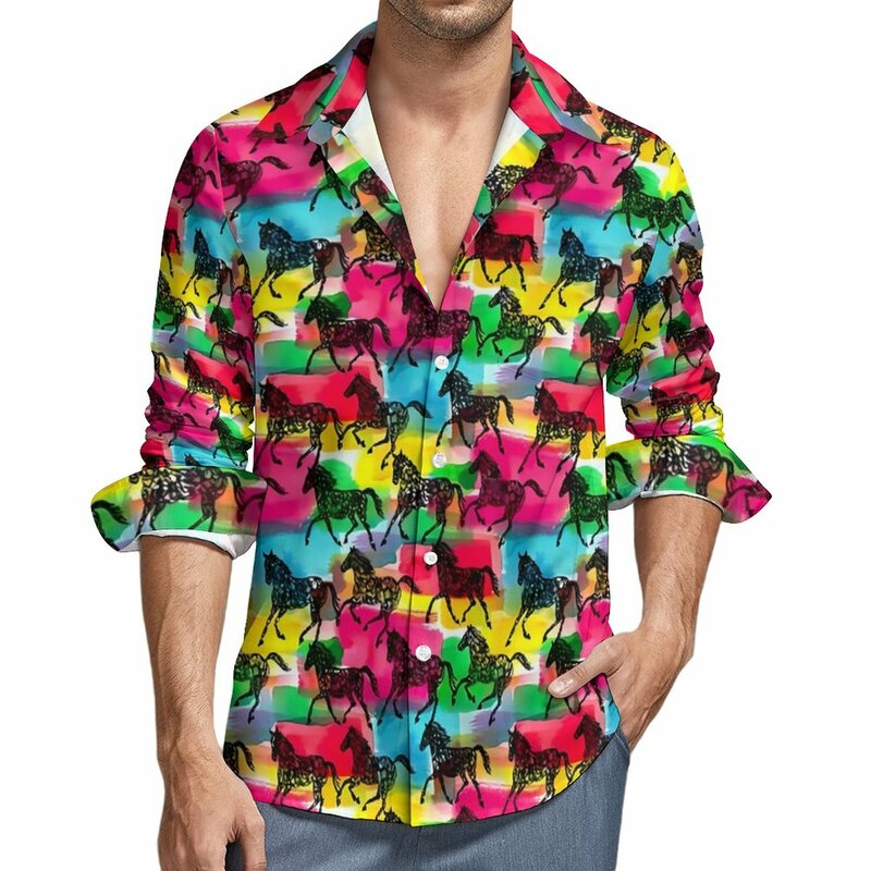 다채로운 말 재미있는 캐주얼 셔츠, 남성 만화 동물 셔츠, 트렌디 블라우스, 긴 소매 디자인, 오버사이즈 의류, 가을