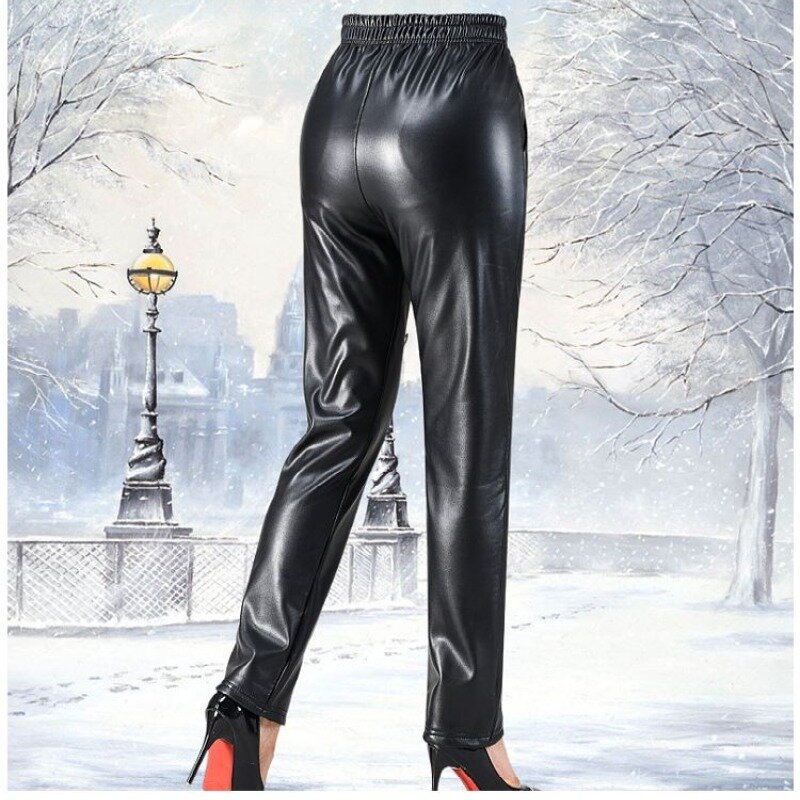 Elegante calça de couro monocromático feminina, casual, versátil, pendulares ocidentais, confortável, popular, nova moda, outono, inverno