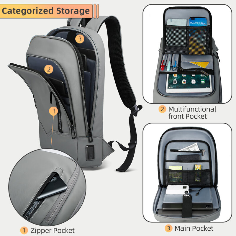 กระเป๋าเป้สะพายหลัง heric Knight บางนักธุรกิจผู้ชายทำงานกันน้ำ14 "กระเป๋าแล็ปท็อปกระเป๋าเดินทางสตรี USB กระเป๋าเป้สะพายหลังโรงเรียนกลางแจ้งสีดำ