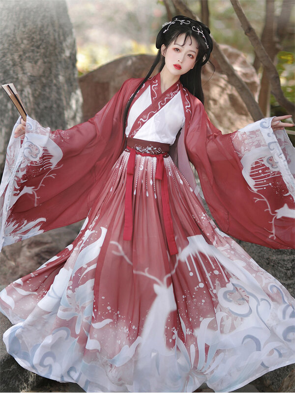 Hanfu kostum dansa tradisional Cina wanita, kostum peri Hanfu biru merah 3 buah/1set