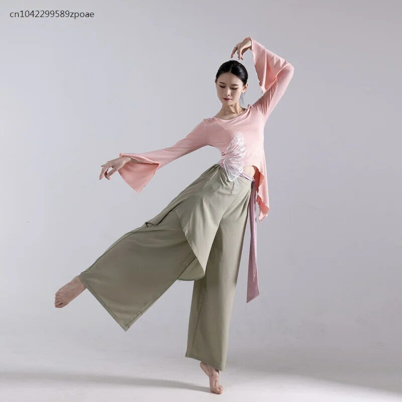 ملابس ممارسة الرقص الحديثة للنساء ، قمم طويلة الأكمام ، تدريب الجسم ، الرقص الكلاسيكي ، فضفاضة السراويل الساق واسعة