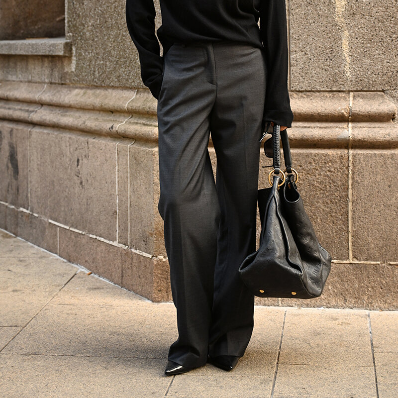 Mimiuitmoins7 terno vestido calças lã worsted perna larga meados da cintura elegante preto marinha escritório comprimento total frete grátis ol