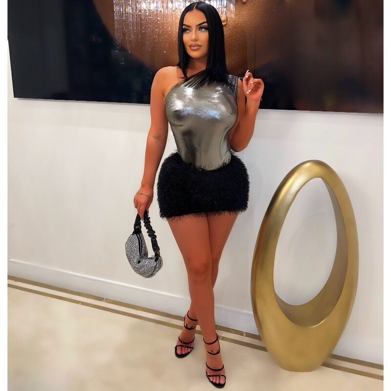 Women's Fashion Solid Color One-Shoulder Sleeveless Smooth Romper Top And Mini Skirt Bar And Nightclub Sexy Skirt Suit