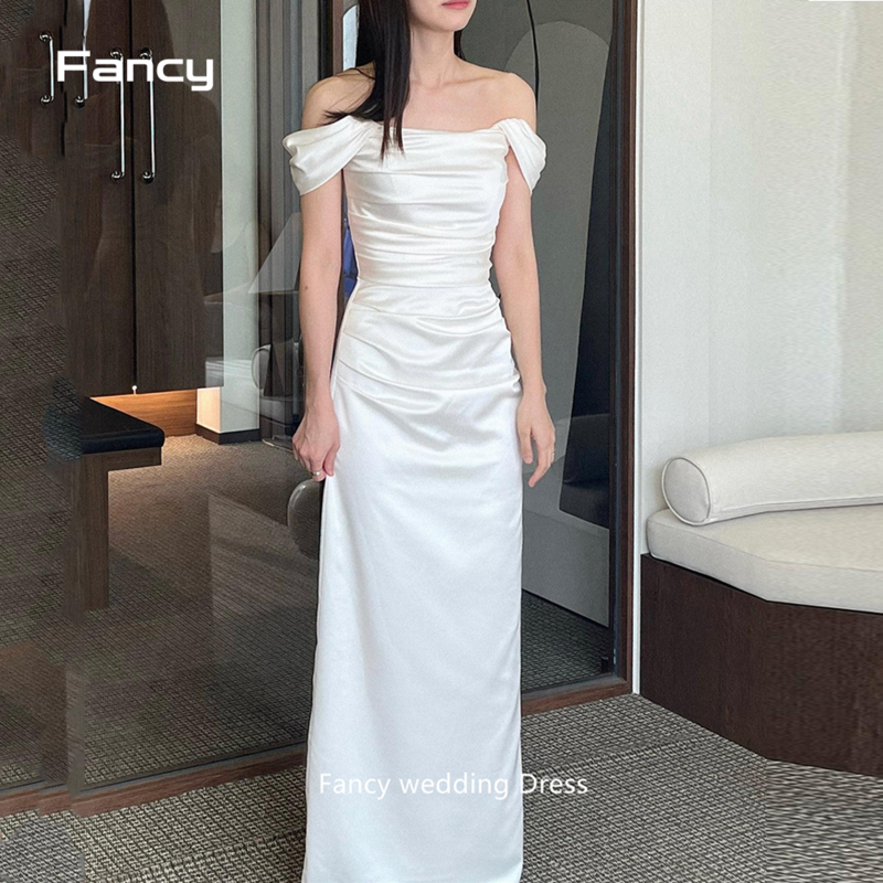 Gaun pernikahan mewah sederhana A Line lembut Satin Korea pemotretan dari bahu gaun pengantin renda belakang ukuran besar
