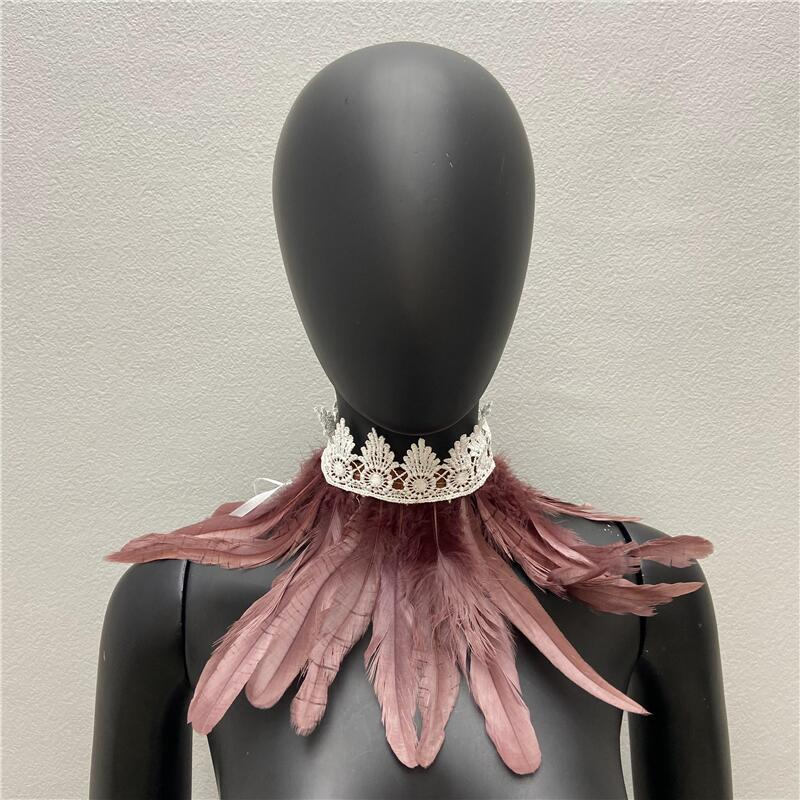 Chal de plumas naturales para mujer, cuello falso, envoltura de hombro gótica, capa con corbatas de encaje, bufanda de fiesta de disfraces de Cosplay
