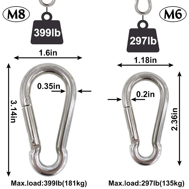 4Pcs M6 Spring Snap Hooks Heavy Duty Stainless Steel 304 Swing Set & 6Pcs Stainless Steel Spring Snap Hook Carabiner