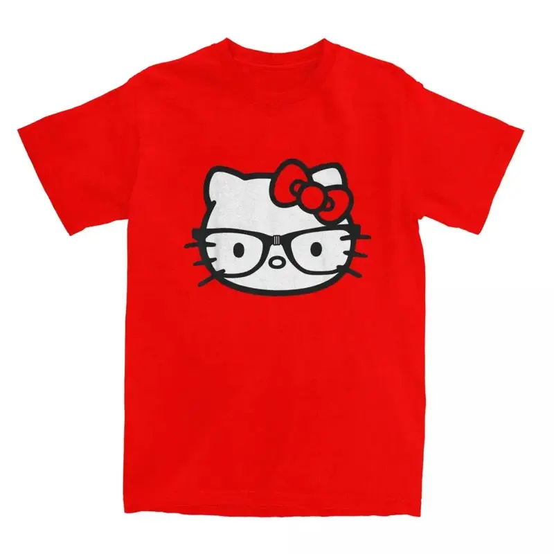 Hello Kitty camiseta de algodão puro para homens e mulheres, preto e branco, óculos nerd, impresso Crewneck Tees, tops de manga curta, camisas masculinas